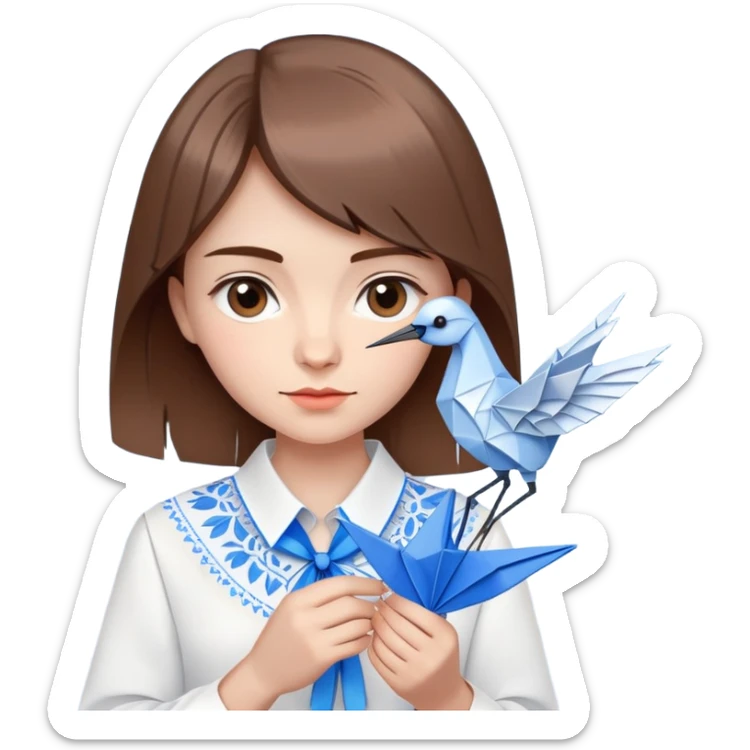A Ukrainian young girl with brown hair wearing a white embroidered shirt holds an origami blue crane sticker