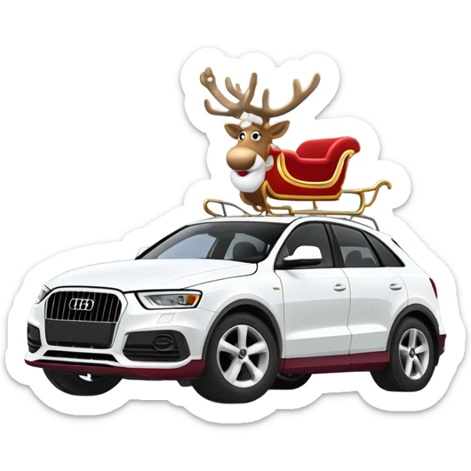 A white Audi Q3 as Santa Claus’s modern sleigh, harnessed to a reindeer with a red bridle and golden bells, set in a snowy winter scene. sticker