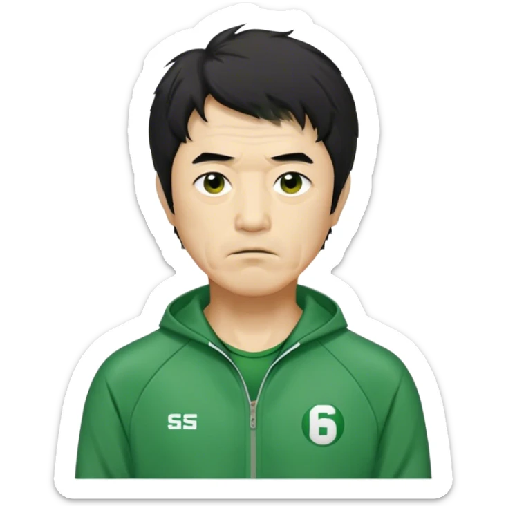 Seong Gi-hun : age 60, small mouth, slim man with messy, unkempt black hair, Green player tracksuit,  sticker