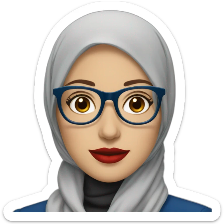 Hijabi white woman with glasses and brown eyes wearing a blue suit and red lipstick sticker