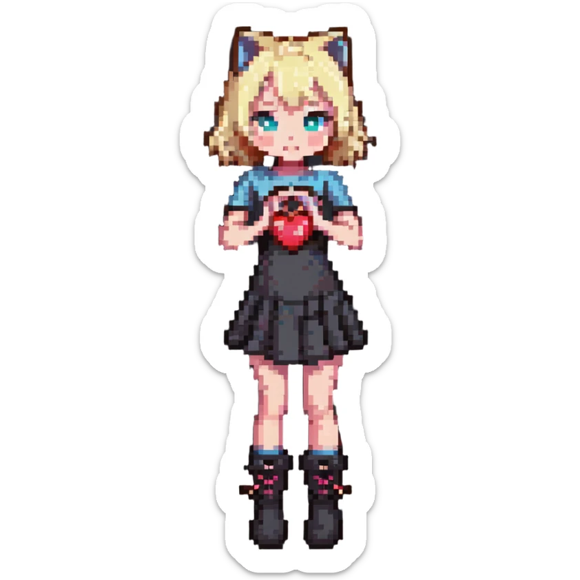 girl in a short dress with gogo boots, blond hair, cut-out heart in the dress, yoga cat pose sticker