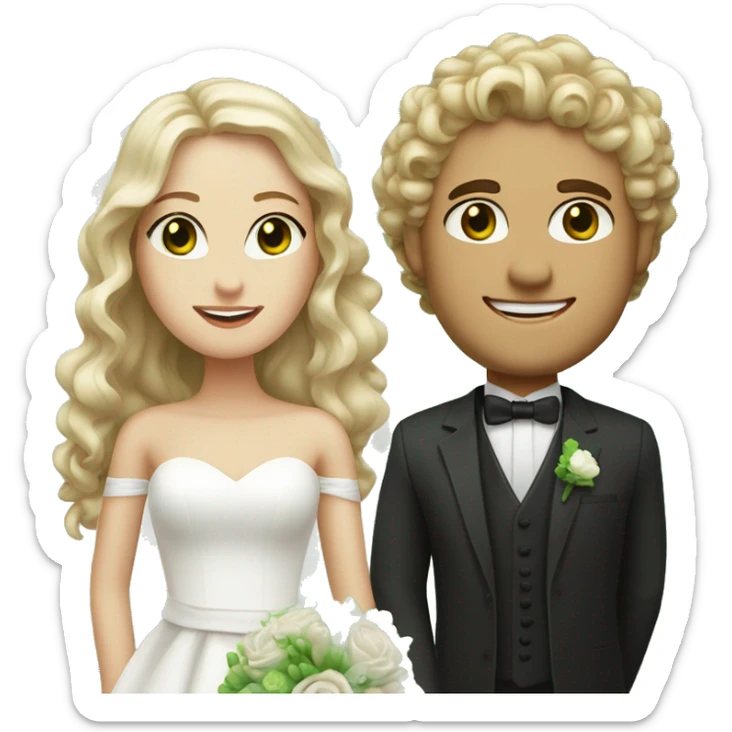 Bride with curly blonde hair and green eyes and white skin and groom with brown hair and green eyes and white skin sticker