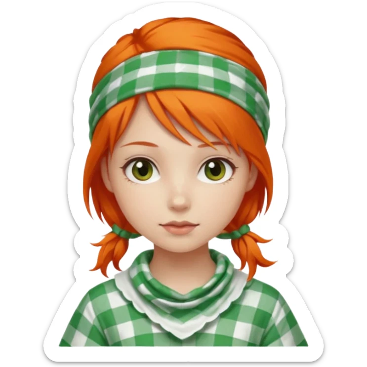 girl orange hair, wear red and white checkered bandana, green dress sticker