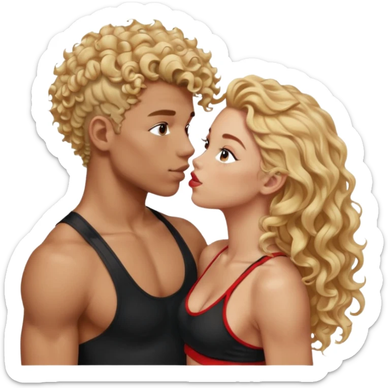 athletic man, high top fade, blonde curly hair only top only, no shirt and Athletic girl with long wavy red hair and black sports bra, Put them together kissing, or holding hands sticker