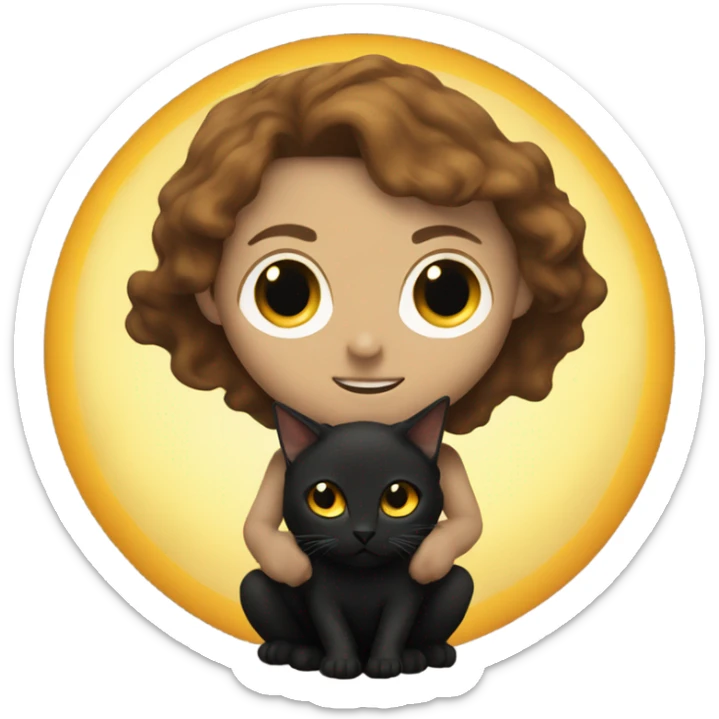 A sun warlock who is pale with brown hair and is holding a black kitten sticker