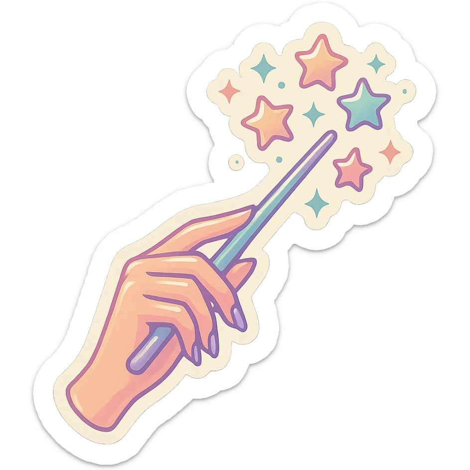 Elegant female hand with almond-shaped nails holding a magic wand, stars flying out of the wand, retro stickers style, thin clean contours, soft rounded shapes, pastel palette #98B5BC, #B5B3C1, #C9A3C9, #E4C0CA, #F7DCD1, #F7C0AA, detailed shadows and highlights, soft lighting, transparent background, no decorative elements sticker