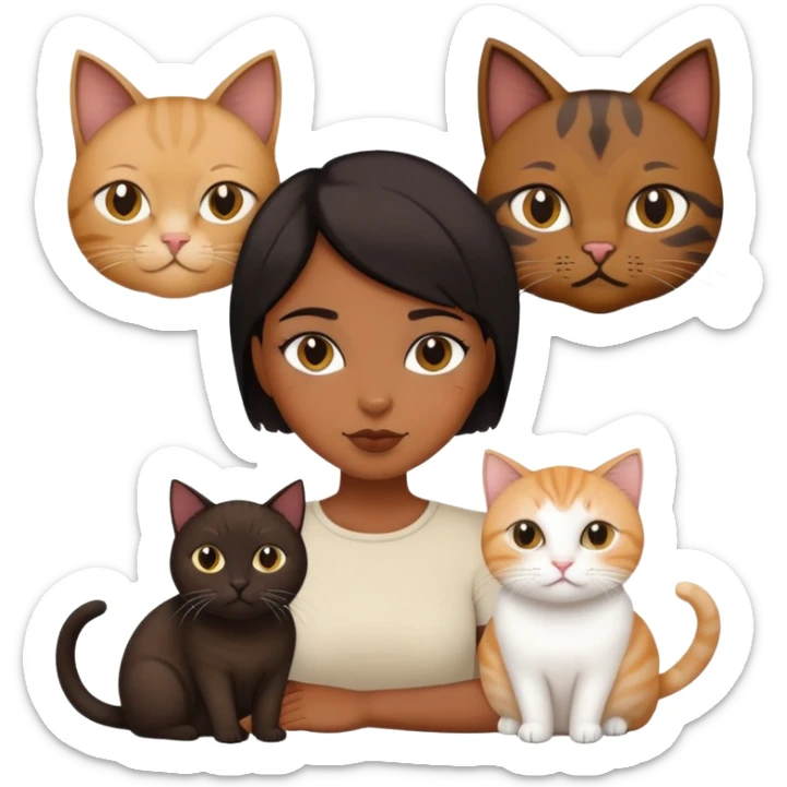 a brown girl with short black hair with two cats, a fat brown cat and a skinny white and beige cat sticker