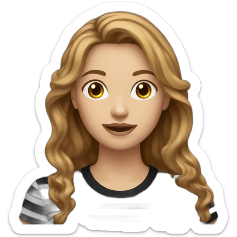 woman with long wavy light brown hair wearing black stripy t-shirt sticker