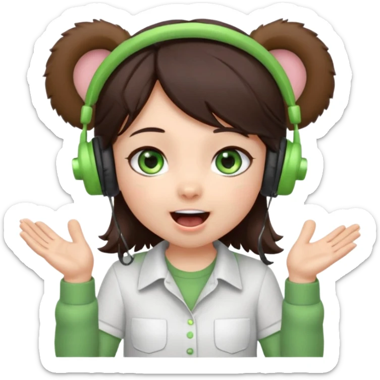 Chibi girl, dark brown hair, green eyes, wearing a white shirt and small brown bear ears on a headset, with wide happy surprised eyes and mouth and clapping excitedly sticker