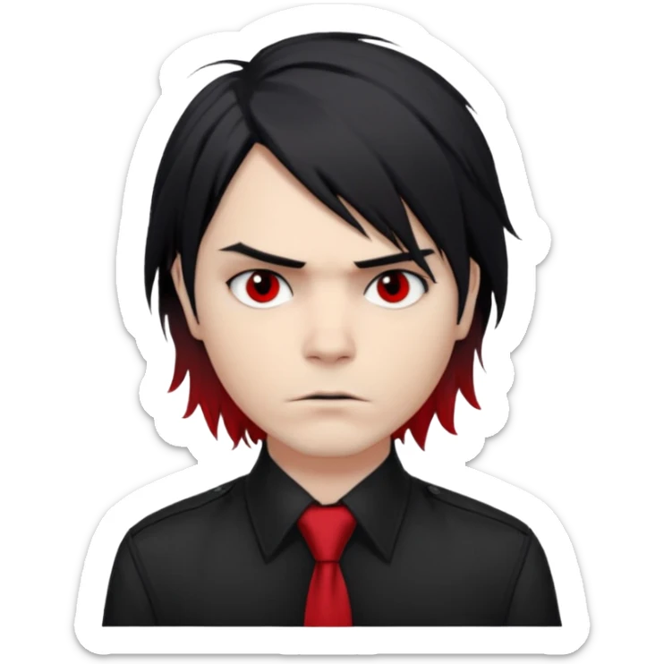 Gerard Way (Revenge Era)
Round, simplified emoji style
Pale skin tone
Jet-black, shoulder-length hair messy and emo
Heavy eyeliner and slight red shadow under the eyes
Subtle serious
Hint of red tie visible on black button up shirt.
Transparent background. Black eyeliner. Messy emo hair sticker