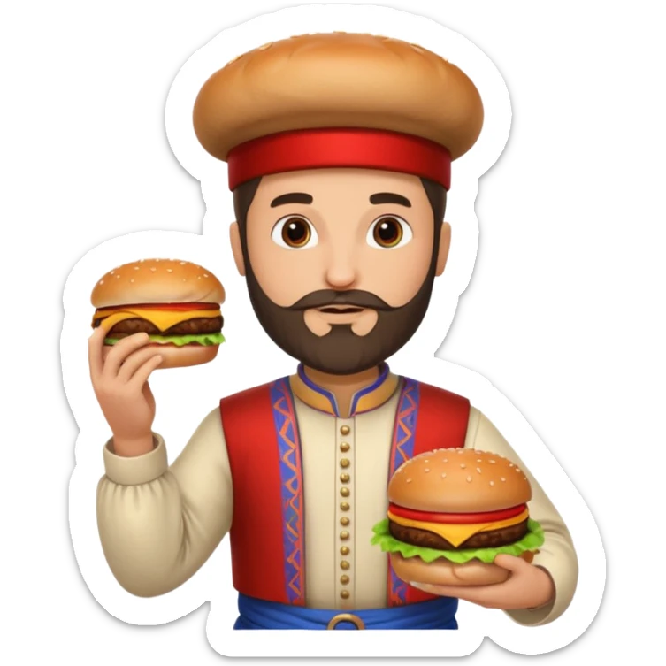 caucasian man with beard and armenian traditional costume, burger in one hand, coke in other sticker