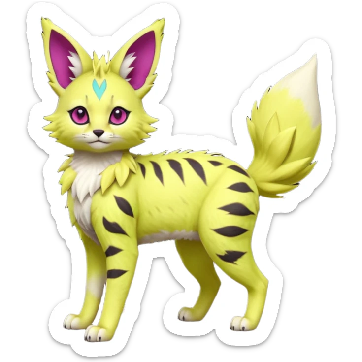 Neon-lime-green, magenta-eyed soft natural realistic romantic vintage antique divine beautiful elegant pretty precious cute young youthful  Fakémon-Pokémon-feline-Zeraora-Jolteon-serval-caracal-chinchilla-Minccino-Cinccino-Meowstic-rodent-hybrid-creature (full body) sticker
