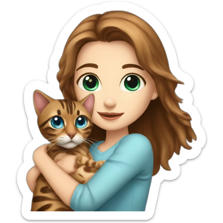a beautiful girl with brown hair and blue eyes holds a Bengal cat in her arms sticker