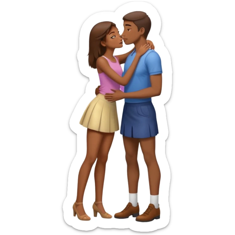 A naked girl with brown hair and bare small breasts openly kisses a tall guy with brown hair full-length on the lips. she is with naked boobs She is wearing a very short skirt and is in full height.she also all naked boobs She holds the man by the neck and has one leg raised and he holds that leg. sticker