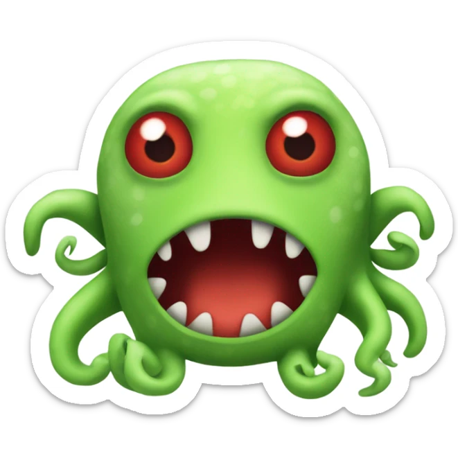 A stuffed animal of a green creature with red around his eyes and tentacles for a mouth sticker