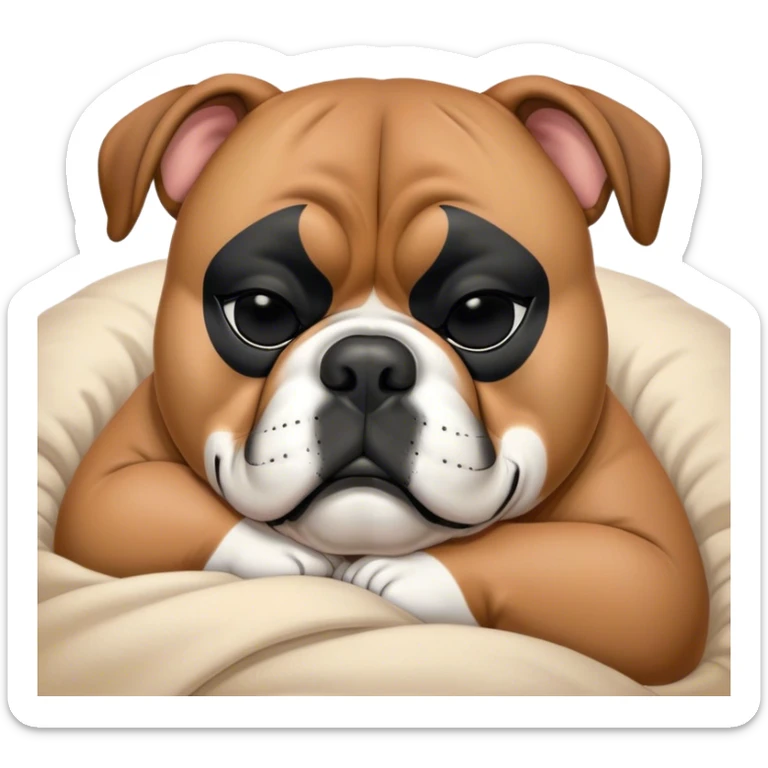 Cinematic Chubby Sleeping Boxer Portrait Emoji, Chubby and serene, with a stocky, adorable build and a smooth fawn coat accented by a distinctive black mask, eyes gently closed in peaceful slumber, Simplified yet irresistibly endearing features, highly detailed, glowing with a gentle, dreamy glow, high shine, relaxed and content, stylized with a touch of whimsy, bright and heartwarming, soft glowing outline, capturing the essence of a blissfully sleepy guardian, so comically serene it feels like it could roll out of the screen and snore with adorable charm! sticker