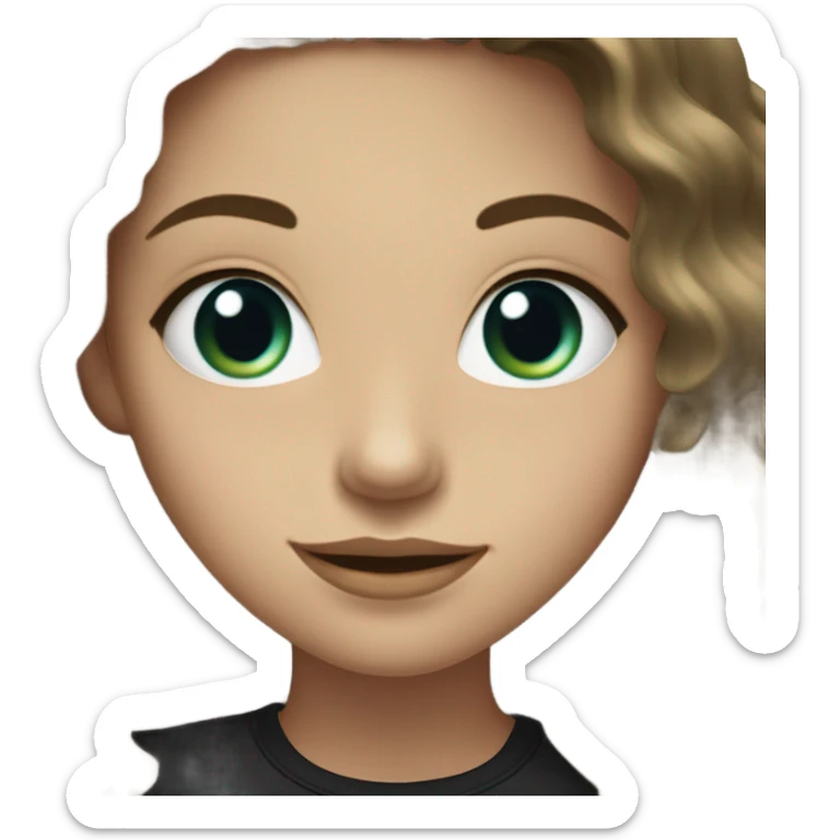 Teenage Girl wearing a black top, Long wavy Brown hair, blue-Green eyes, thick Lips and a smile  sticker