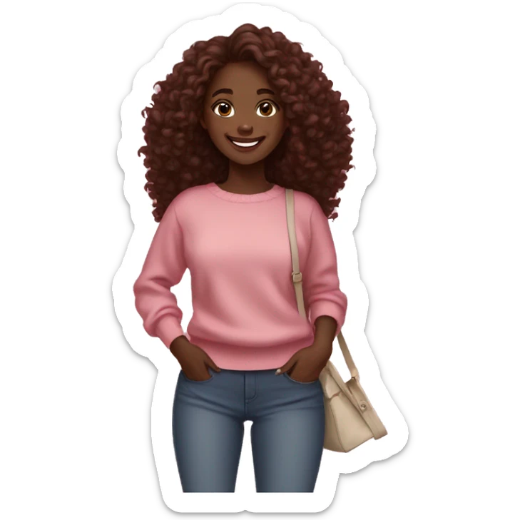 Girl smiling, dark skin, in a pink sweater, wearing white sneakers, loose curly hair, marsala hair color, brown eyes, with bags in her hands sticker