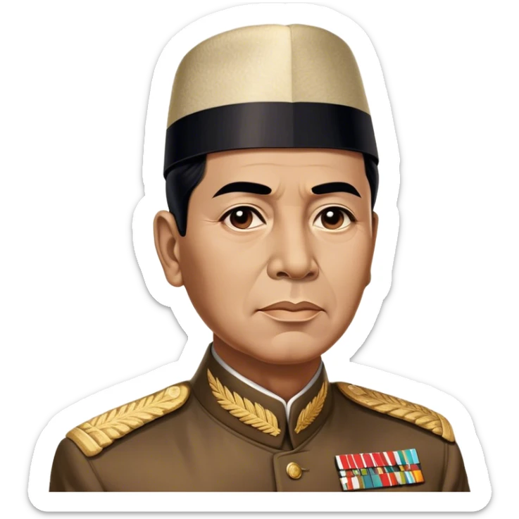 ​Cinematic Realistic Portrait of Sukarno, depicted in a lifelike, realistic style based on his iconic portrait, showcasing his thoughtful, charismatic expression in period attire, rendered with detailed textures and warm, evocative lighting that captures his pioneering spirit and national pride, sticker