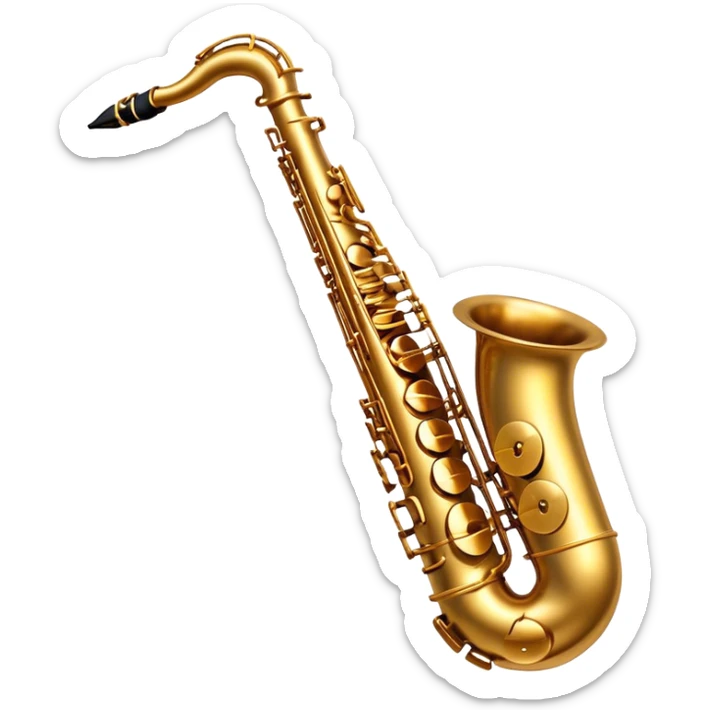 Cinematic Realistic Saxophone, smooth, curving golden brass body, intricate keywork reflecting soft warm light, rich patina adding character, glowing with a jazzy and atmospheric presence. sticker