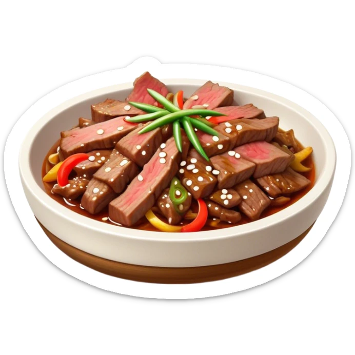 Bulgogi Cinematic Realistic Bulgogi Dish Emoji, depicted as thinly sliced, marinated beef stir-fried to perfection, rendered with dynamic textures and vibrant, appetizing lighting. sticker
