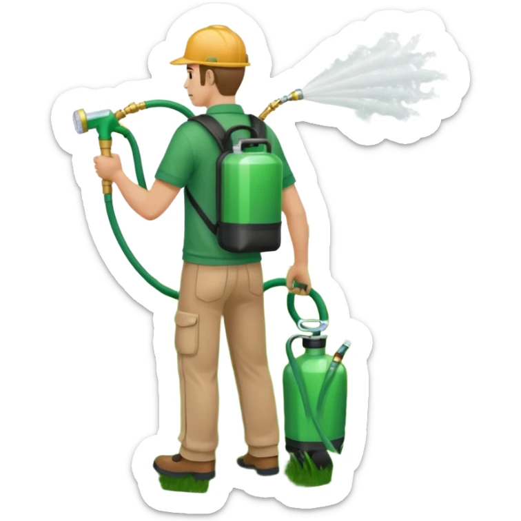 man with a emerald green shirt and tan pants on with backpack chemical sprayer on his back with the hose in his hand pointed downwards at bright green grass sticker
