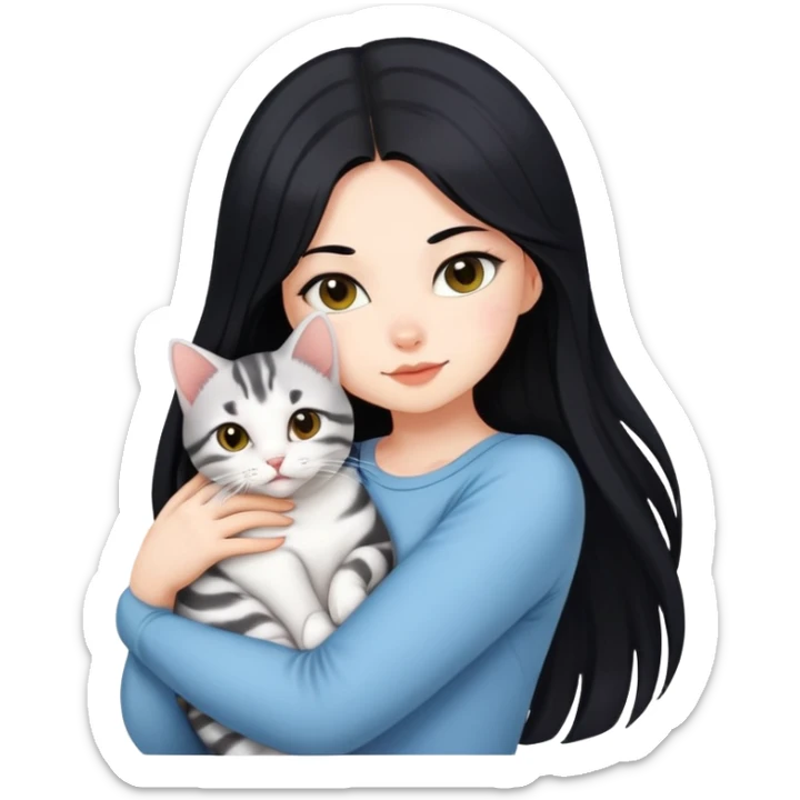 Long black hair beautiful girl wearing tightly hugging an American shorthair sticker