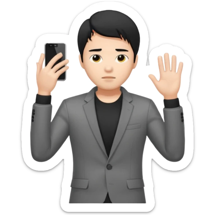 asian young man with black hair covering forehead in grey blazer and black t-shirt  sticker