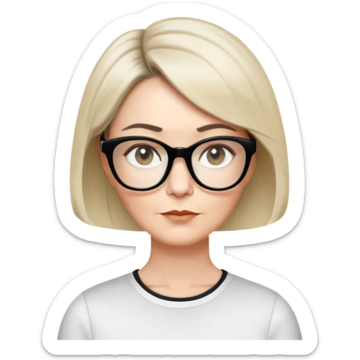 white woman about 50 years old with light warm skin, short black bob haircut to neck with slight waves at ends, neutral determined expression, large black shiny butterfly or cat-eye glasses, white casual t-shirt, calm and creative energy sticker