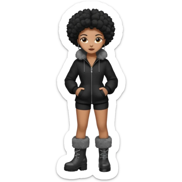 A brown skin girl that has a slim and thick body with black hair into two Afro puffs   and wears all black outfit with grey furry boots  sticker