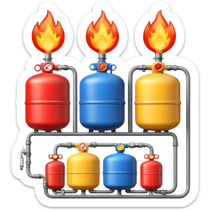gas distribution station emoji style with multiple colored gas tanks and a safety sign sticker
