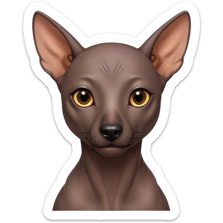 Cinematic Noble Xoloitzcuintle Portrait Emoji, Poised and regal, with a sleek, muscular build and smooth, hairless ebony skin accented by subtle wrinkles, deep-set soulful dark eyes, Simplified yet sharp and sophisticated features, highly detailed, glowing with a soft, dignified glow, high shine, intelligent and loyal, stylized with an air of ancient grace, focused and attentive, soft glowing outline, capturing the essence of a watchful and confident guardian, so majestic it feels as though it could stride out of the screen with effortless authority! sticker
