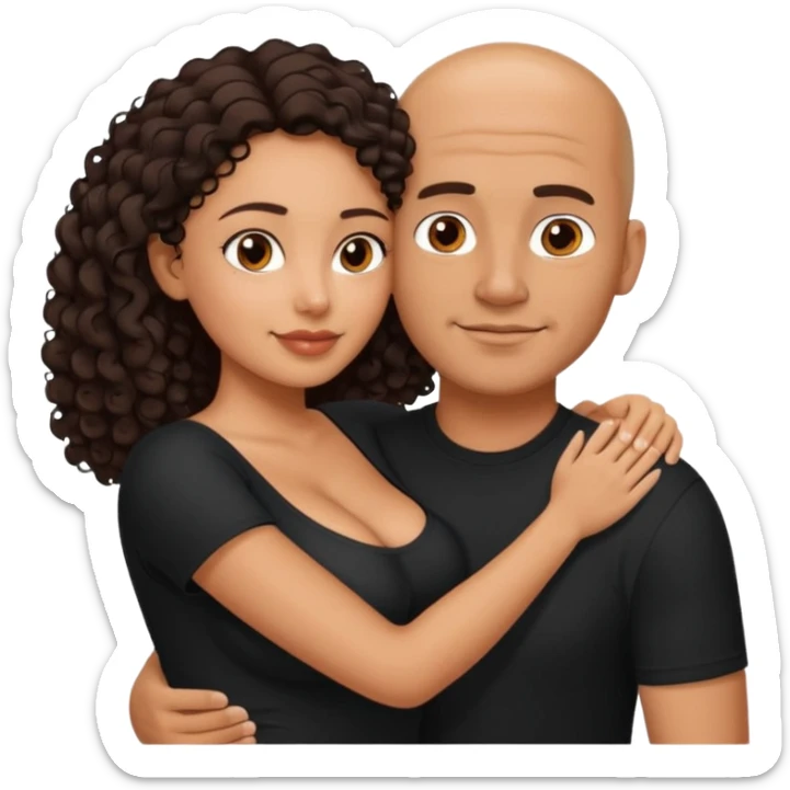 A picture of an embracing tanned couple. the man is a Mexican man with tanned skin, with a bald hair cut, short beard and wearing a black shirt. the woman is short with long curly dark brown hair and with big boobs  sticker