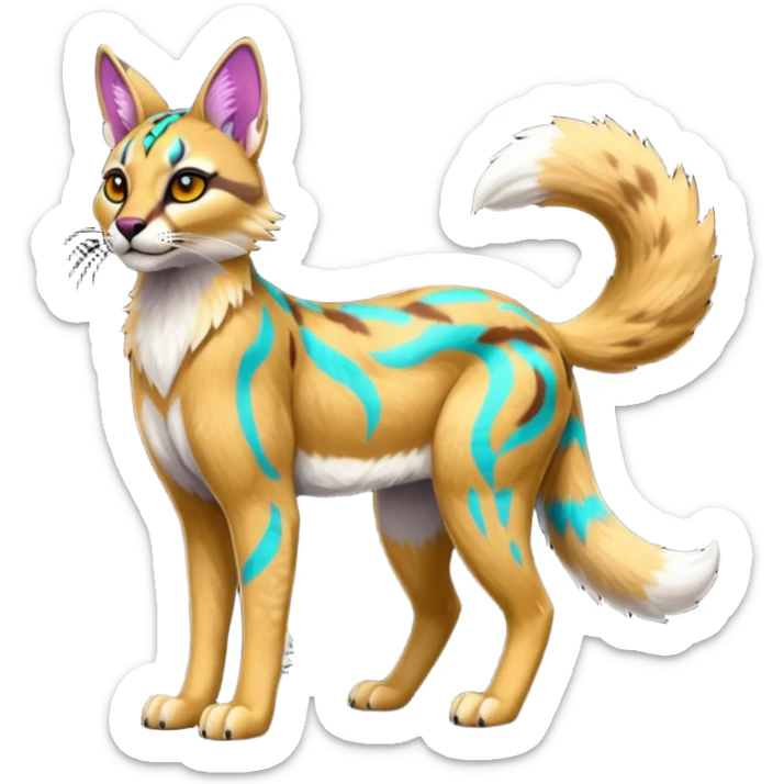 Neon-colored fantasy ocelot-caracal-Coyote-marsupial-critter-vernid-fursona animal creature full body with intricate markings  sticker
