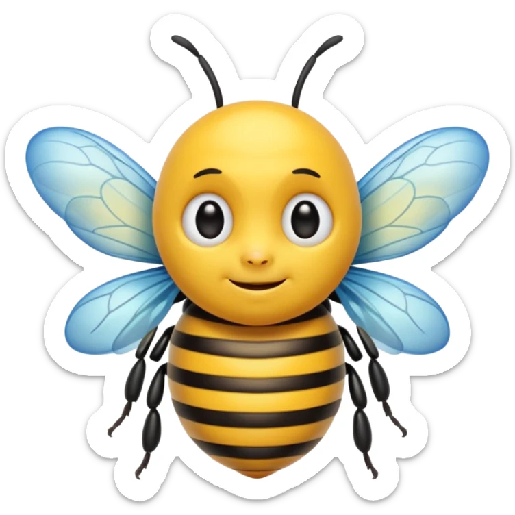 Create a cute emoji-style illustration of a bee with the face of an older man. The bee has a round yellow body with black stripes, small antennae, and light blue wings. Use bold outlines, bright colors, smooth shading, and a glossy sticker-like finish. Transparent or white background. sticker