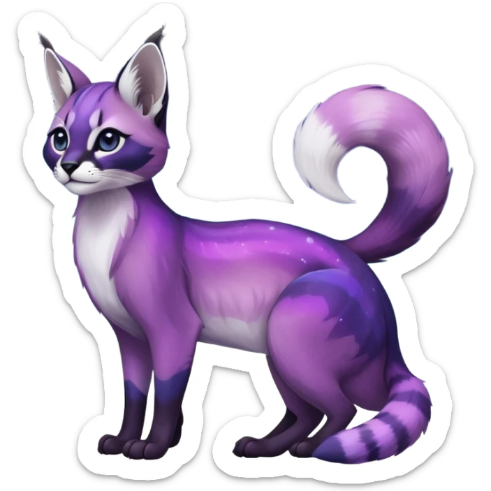 Colorful black-violet-indigo-purple-gradients nebulae nebula starry galactical shiny tropical pale light fruity pastel white glorious iridescent divine exotic cute cool beautiful realistic antasy-caracal-civet-genet-sergal-vernid-Cacomistle-Trico-oncilla-animal-Fakémon-hybrid-fursona (full body) sticker