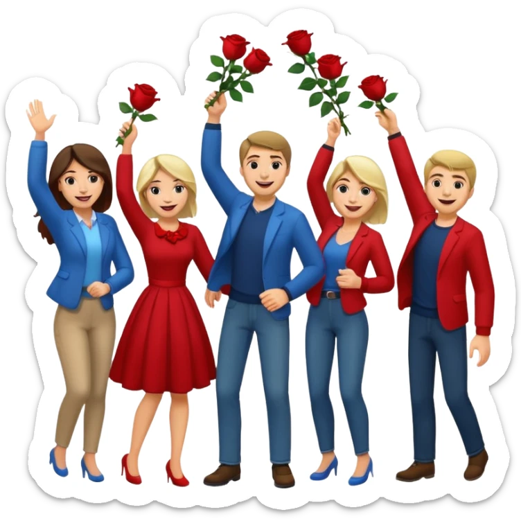 Adult Family, Caucasian men and women casually dressed, throwing roses congratulations  sticker