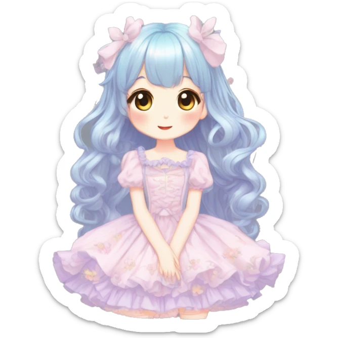 Cute kawaii gorgeous pretty anime pastel lady beautiful hair with gorgeous dress fairycore cottagecore detailed high quality trending aesthetic sticker