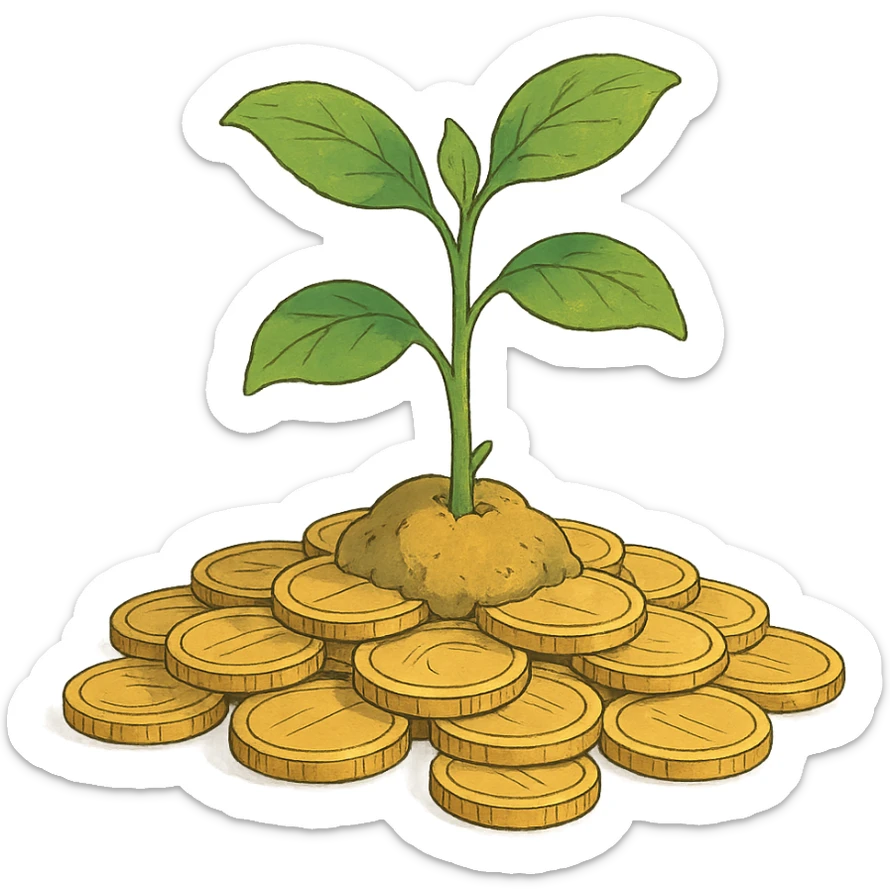 ghibli style investment concept with plant growing from coins sticker