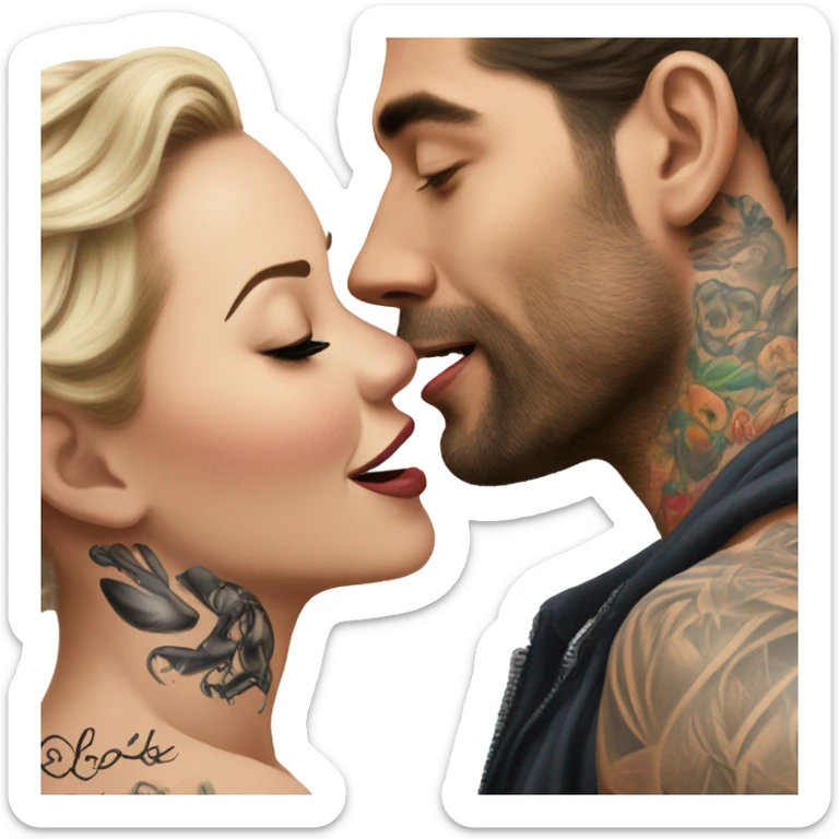 Photo Realistic beautiful woman kissing a very handsome tattooed man sticker