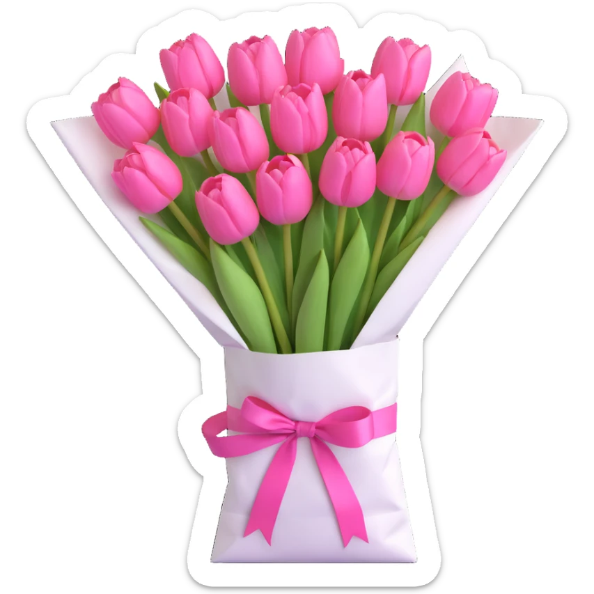 a bouquet of pink tulips in a white paper bag tied with a pink ribbon, 3D iOS emoji style, extra soft pastel colors, very gentle shadows, ultra minimalistic design sticker