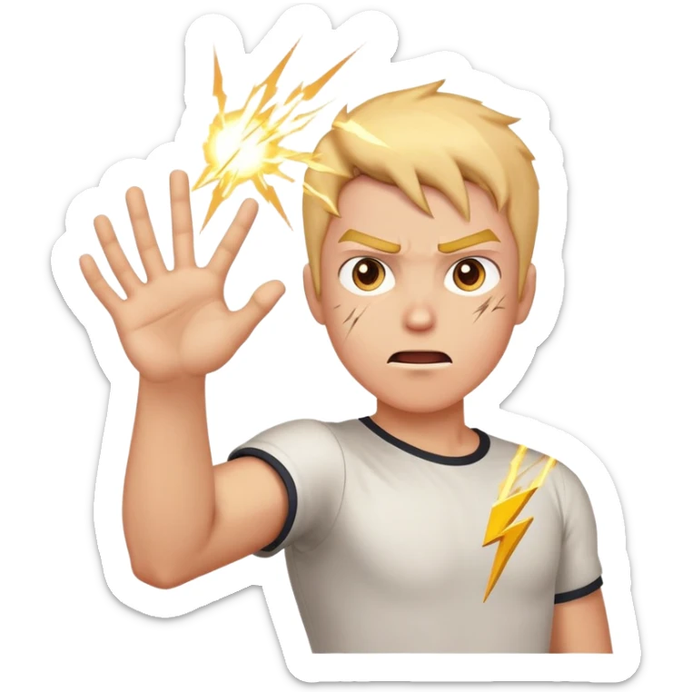 person aiming open palm hand at viewer, hand takes up most of the image, wrathful destructive facial expression, lightning blasts in background sticker