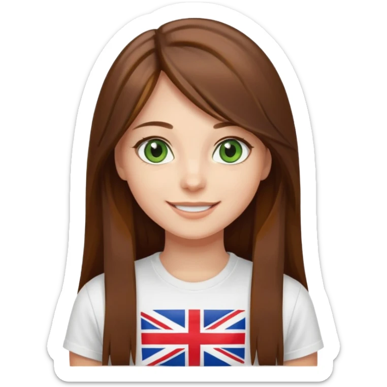 Una chica con pelo liso, largo y marrón. Ojos verdes, camiseta blanca con una bandera de Reino Unido. sticker