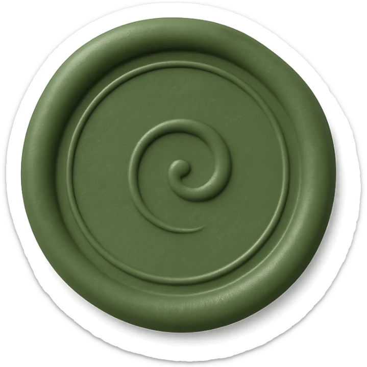 green wax seal, circular shape, matte finish, small swirl in the center, minimalistic style sticker