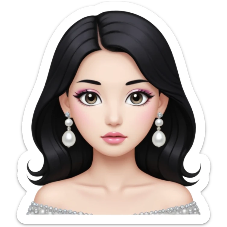 asian long voluminous black hair silver grey eyes glossy lips glittery white and light pink eyeshadow girl pearl earrings sticker