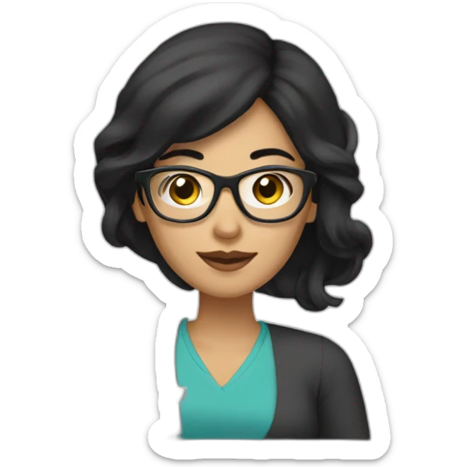 create emoji of a woman with medium black hair, wearing glasses and white, working with a computer sticker