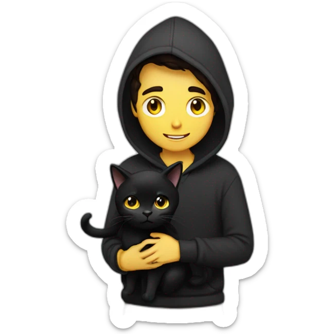 Guy with dark brown hair curtains  hairstyle and brown eyes wears black hoodie hugs a black cat with yellow eyes sticker