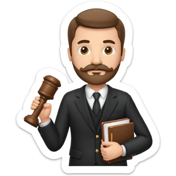 “Create a clean, modern emoji-style illustration of a male lawyer. He is wearing a formal suit jacket. He is holding a judge’s gavel in one hand and has a law book tucked under his arm. He has a mustache and beard! sticker