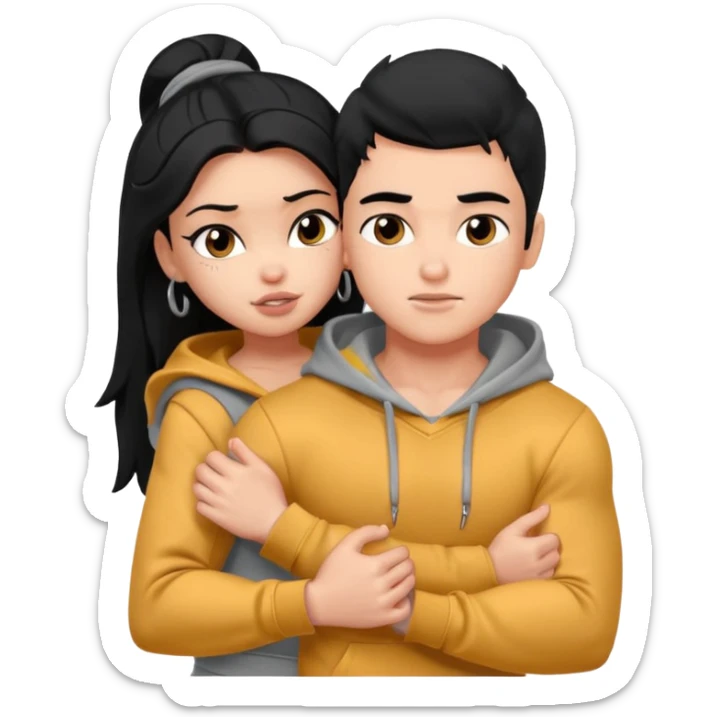 a pretty bratz boy with black hair and a grey hoodie, big biceps, hugging a girl with dark brown hair sticker