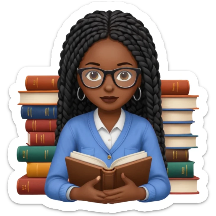 A dark-skinned Black woman with black box braids, wearing glasses, reading a textbook with a stack of books beside her. sticker